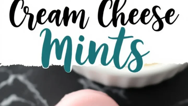 A Pinterest image featuring pastel pink, blue, and yellow cream cheese mints in a white bowl. The text “Cream Cheese Mints” is displayed in bold, elegant script. A close-up of a single pink mint rests on a black marble surface, showcasing its smooth, glossy texture.