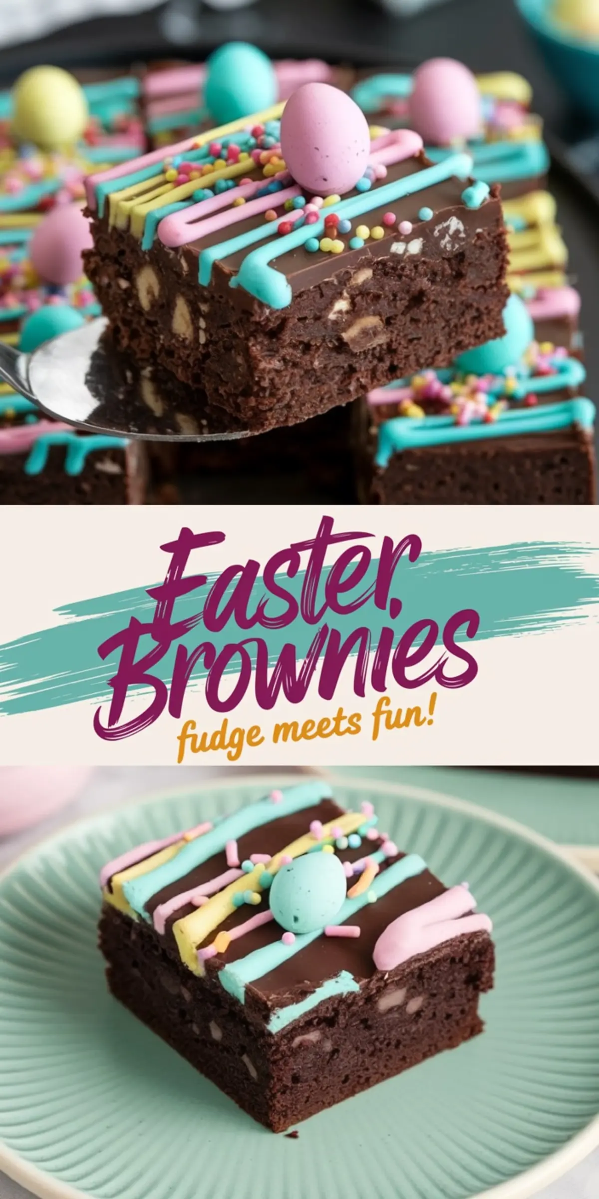 A close-up of a sliced Easter brownie, showcasing its fudgy interior with white chocolate chips. The brownie is topped with a chocolate glaze, pastel icing drizzle, and a candy-coated egg.