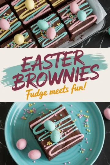 A collage featuring a top-down view of a tray of Easter brownies and a plated brownie on a teal dish, surrounded by pastel candy eggs, with festive text overlay reading “Easter Brownies: Fudge Meets Fun!”