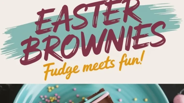 A collage featuring a top-down view of a tray of Easter brownies and a plated brownie on a teal dish, surrounded by pastel candy eggs, with festive text overlay reading “Easter Brownies: Fudge Meets Fun!”