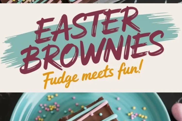 A collage featuring a top-down view of a tray of Easter brownies and a plated brownie on a teal dish, surrounded by pastel candy eggs, with festive text overlay reading “Easter Brownies: Fudge Meets Fun!”