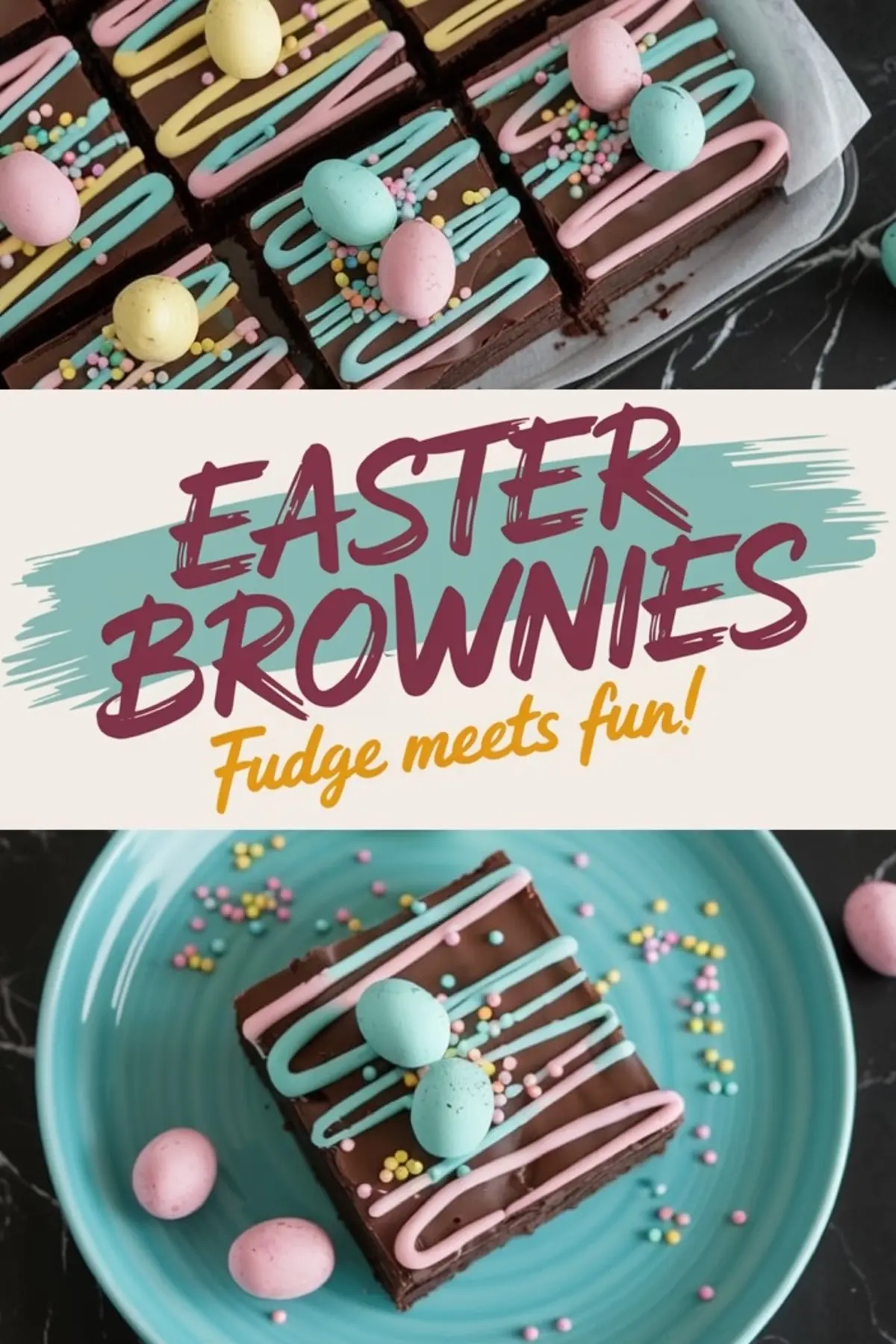 A collage featuring a top-down view of a tray of Easter brownies and a plated brownie on a teal dish, surrounded by pastel candy eggs, with festive text overlay reading “Easter Brownies: Fudge Meets Fun!”