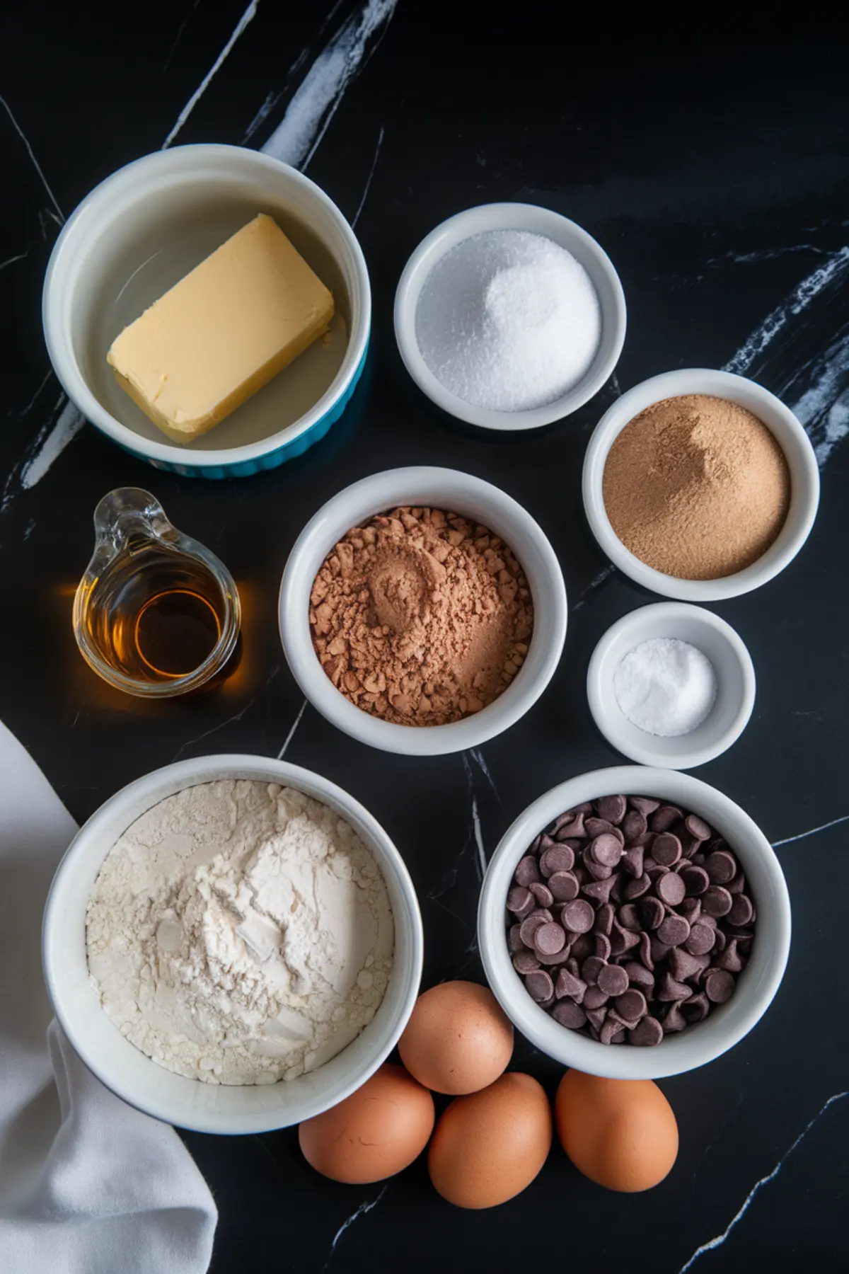 A flat lay of baking ingredients arranged in small bowls on a black marble surface, including butter, flour, cocoa powder, sugar, brown sugar, salt, chocolate chips, eggs, and vanilla extract.