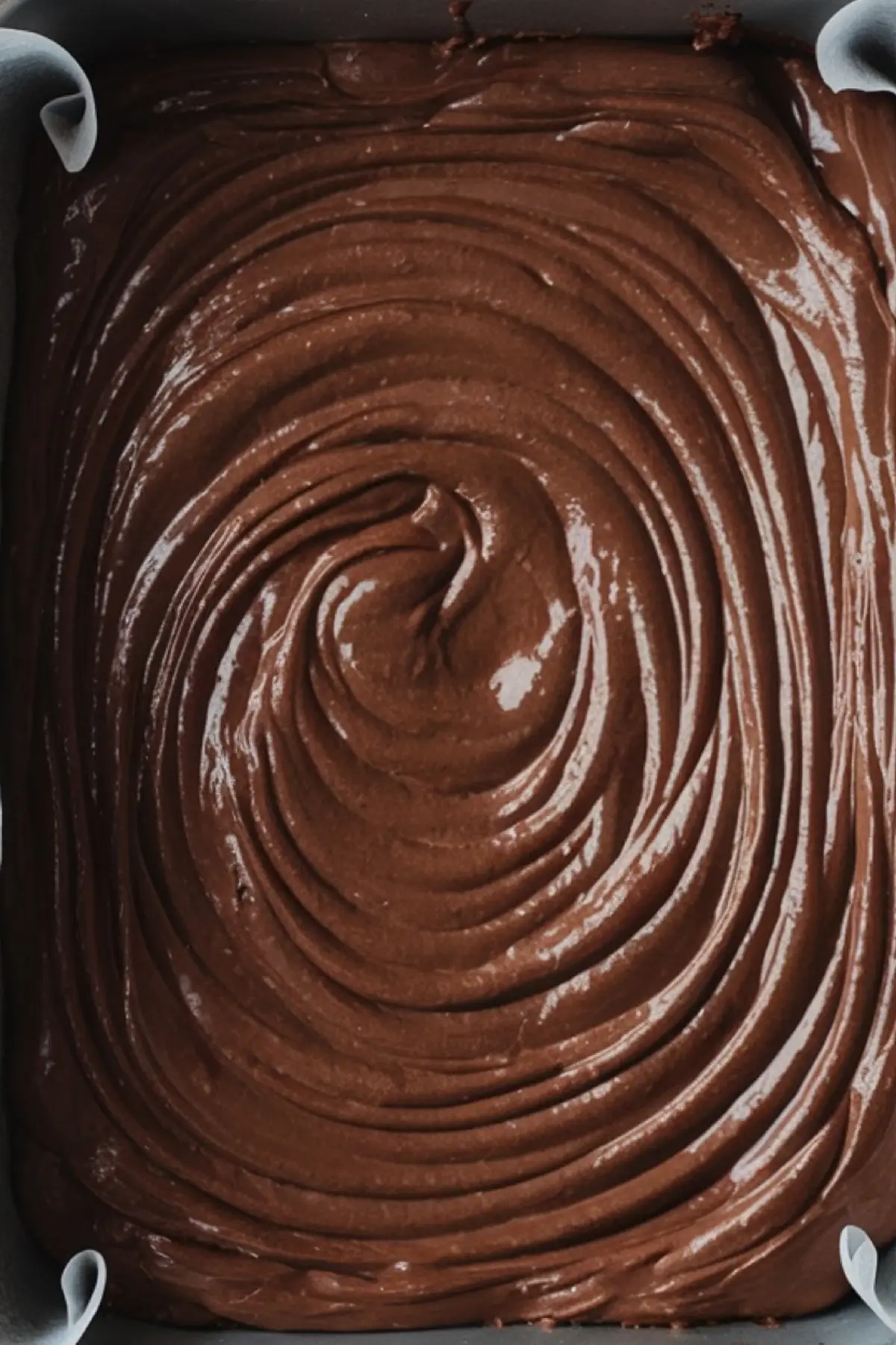 A close-up of a chocolate brownie batter spread in a baking pan, with smooth, swirled textures creating a glossy surface.