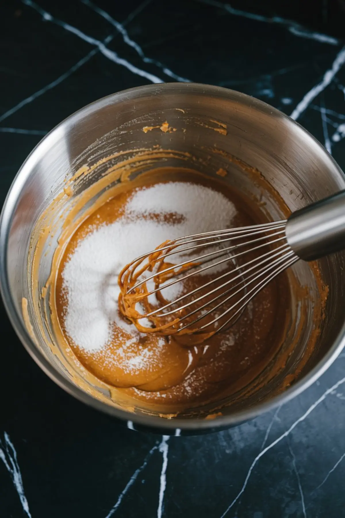 A stainless steel mixing bowl with a whisk partially submerged in a thick peanut butter mixture, with granulated sugar sprinkled on top.