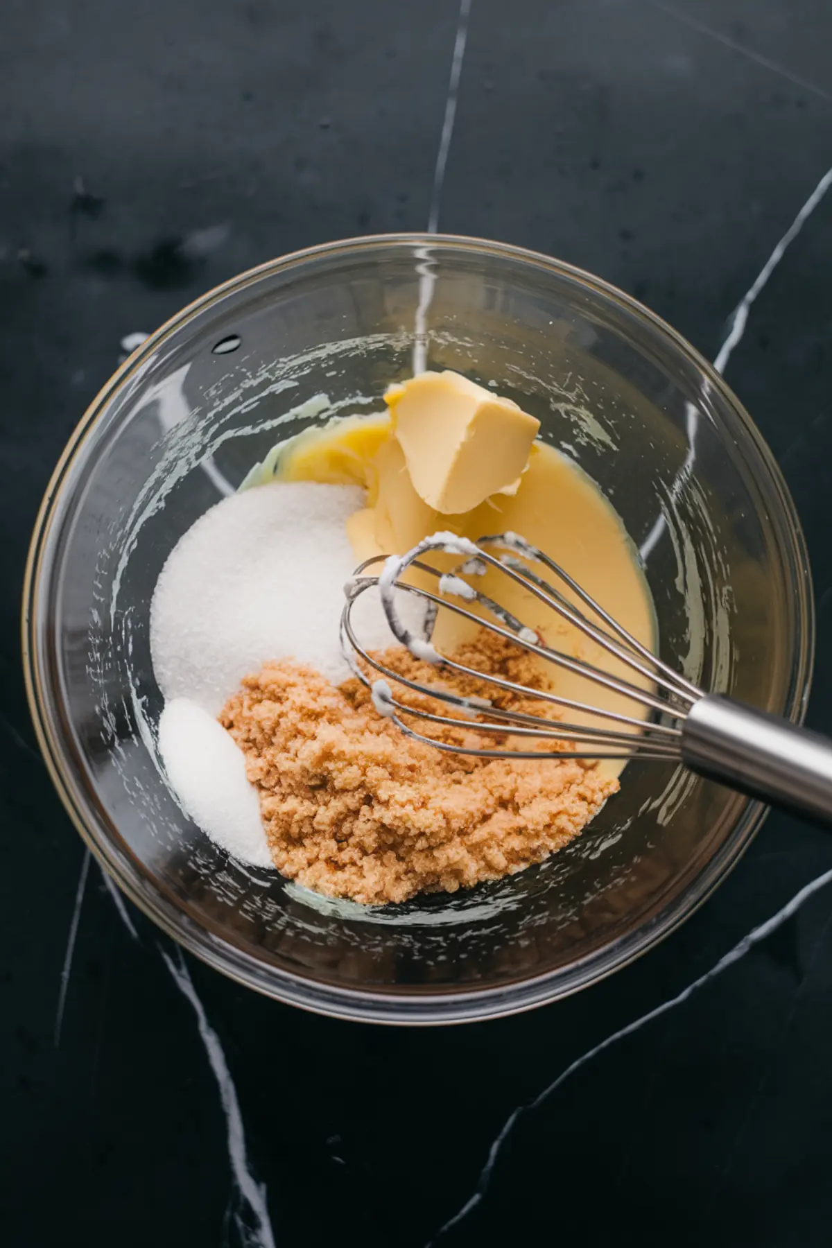 A glass mixing bowl containing butter, white sugar, and brown sugar, with a metal whisk partially submerged in the mixture, placed on a black marble countertop.