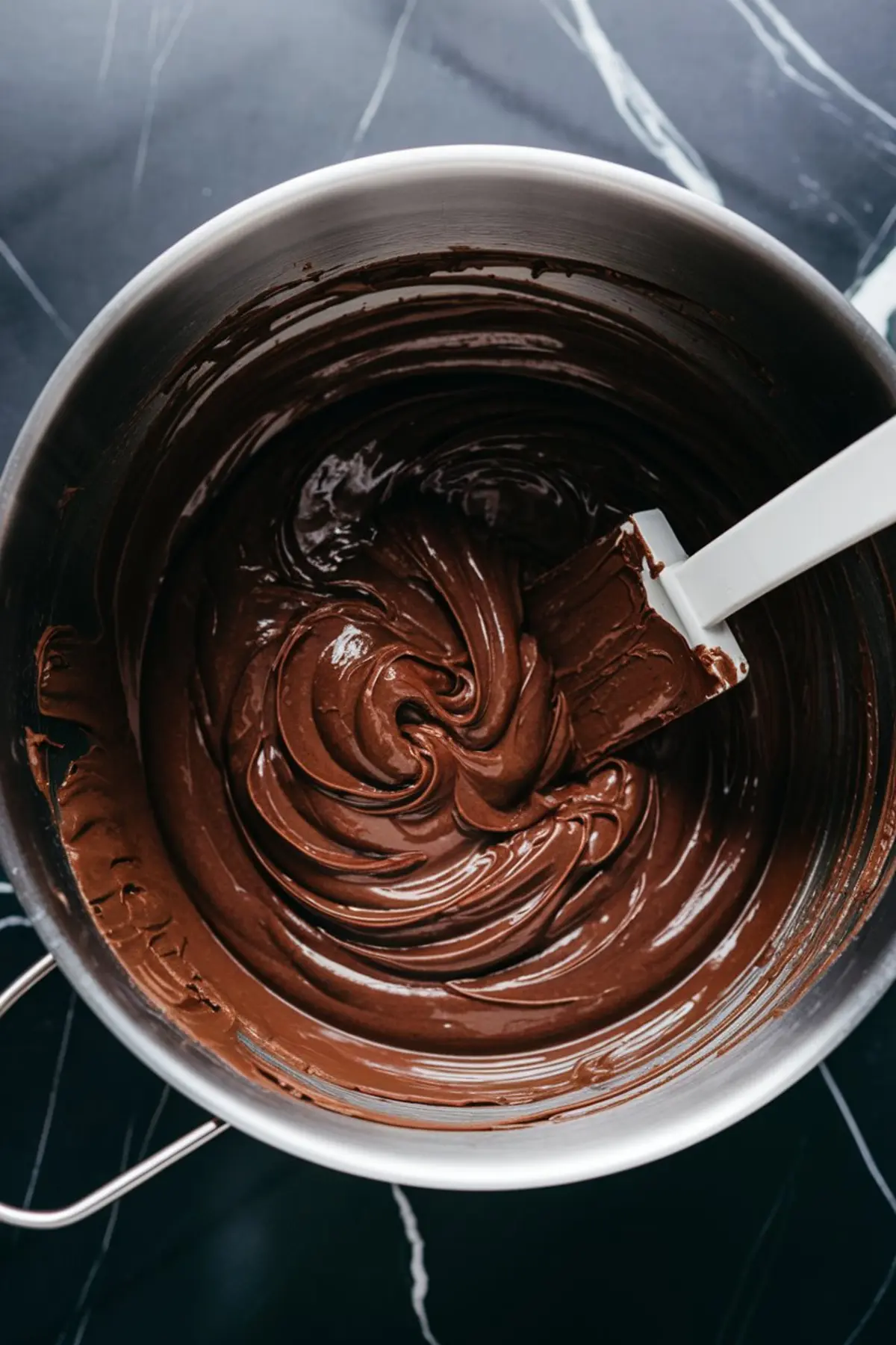 A pot filled with smooth, glossy melted chocolate being mixed with a spatula, creating rich swirls.