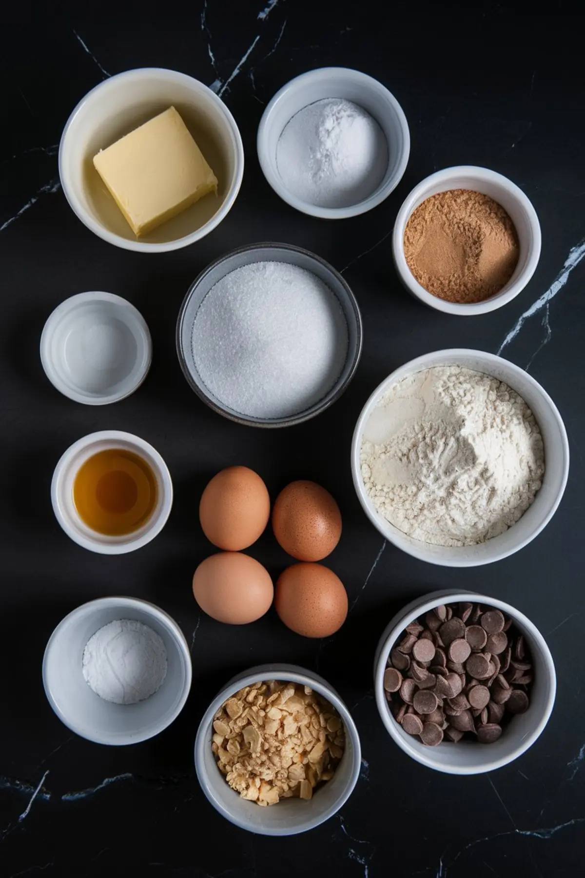 A flat lay of baking ingredients arranged in small bowls on a black marble surface. The ingredients include butter, flour, sugar, eggs, vanilla extract, baking powder, cocoa powder, salt, chocolate chips, and crushed nuts.