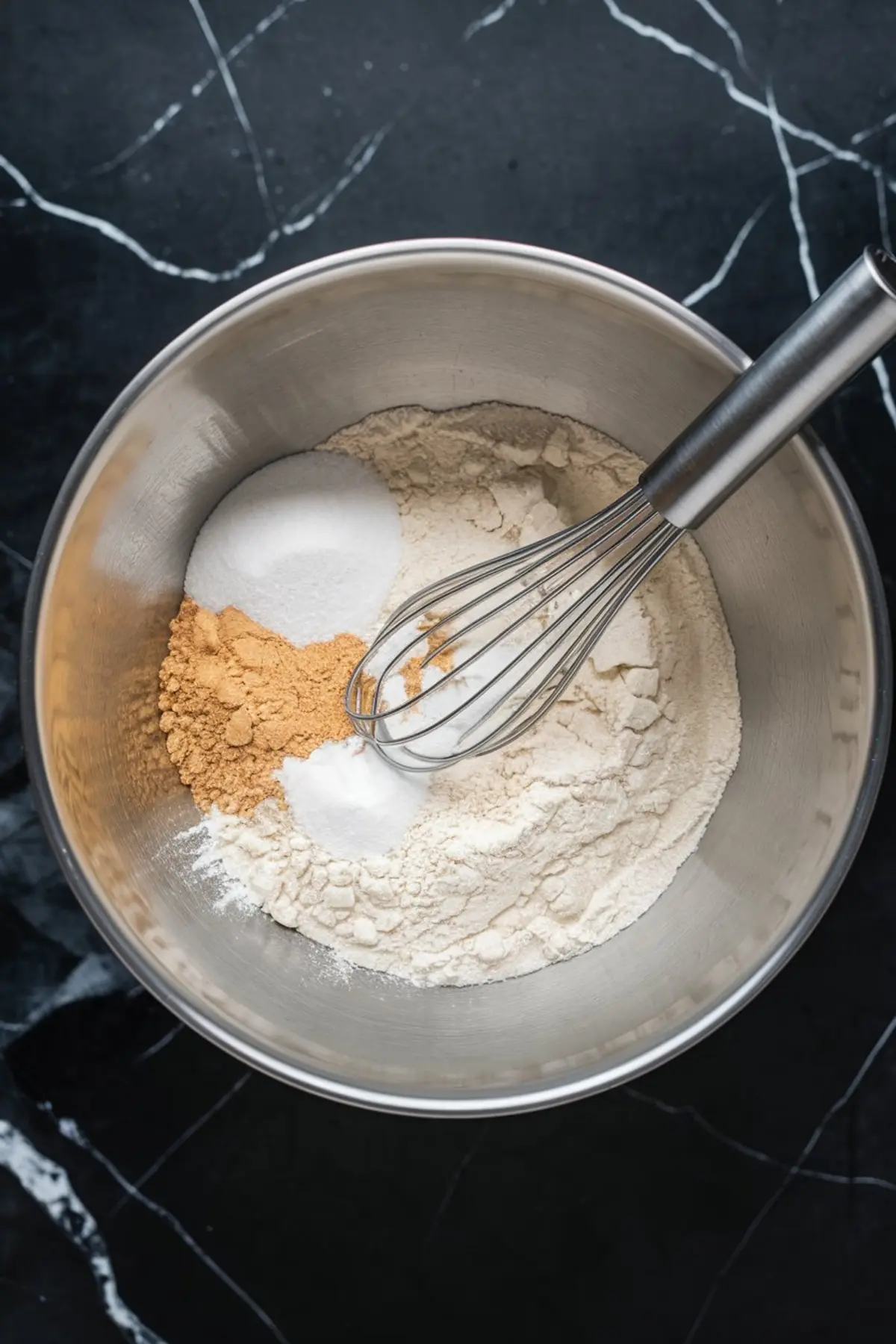 A stainless steel mixing bowl on a black marble countertop filled with flour, sugar, baking powder, and spices. A metal whisk rests inside, ready to combine the dry ingredients.