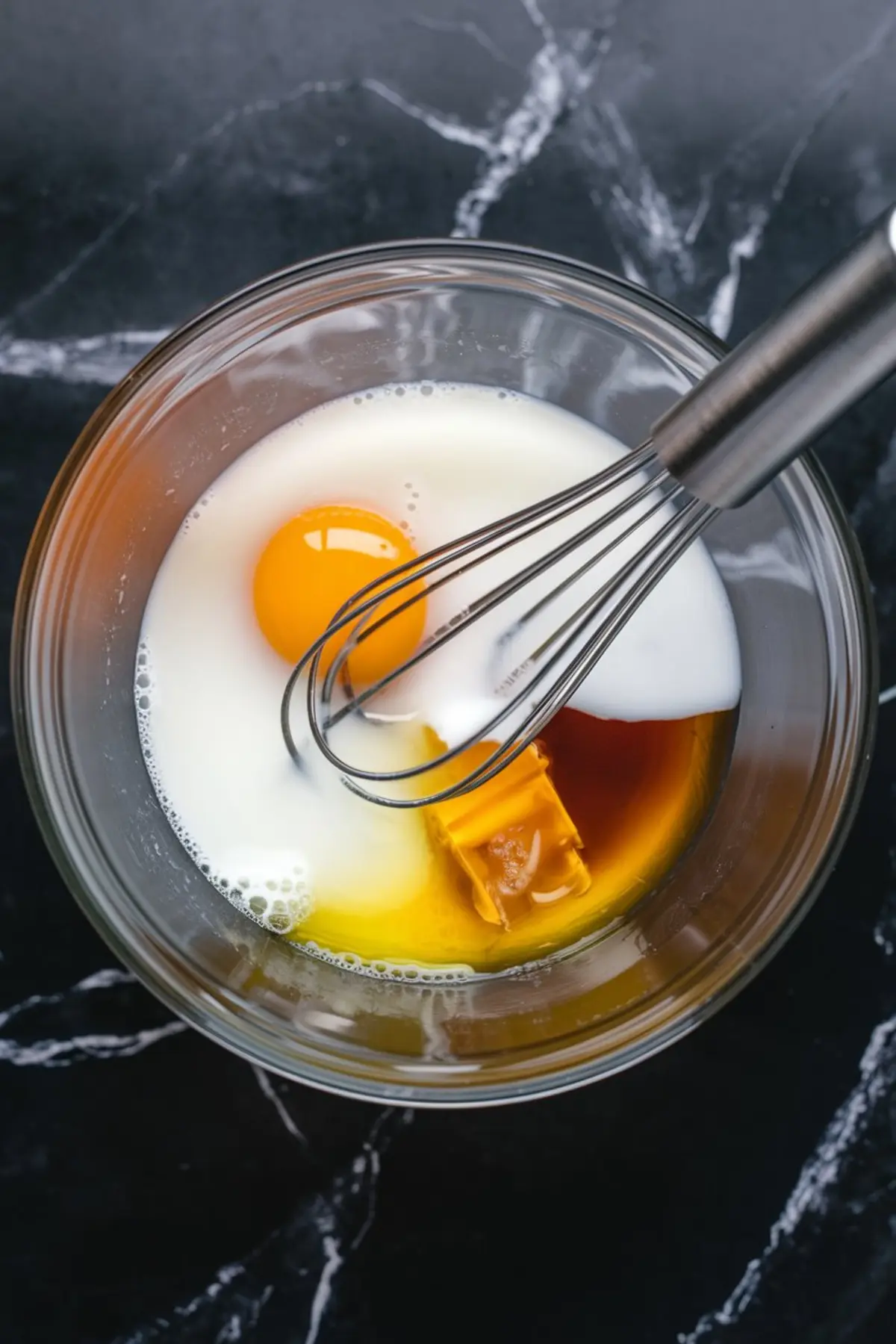 A glass mixing bowl containing milk, a cracked egg, melted butter, and vanilla extract. A metal whisk is partially submerged, prepared to mix the wet ingredients.