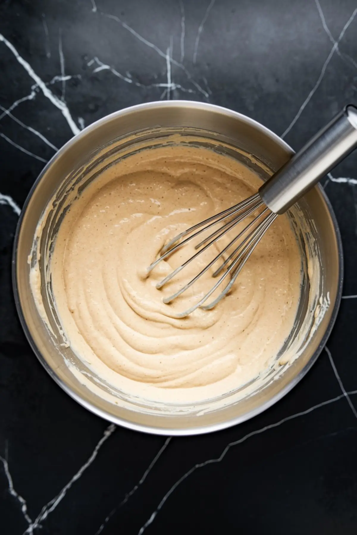 A metal mixing bowl filled with smooth, well-mixed pancake batter. A whisk is inside, coated in the thick, creamy mixture.