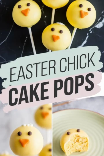 Close-up of Easter chick cake pops with expressive faces and orange beaks. The collage highlights the creative decoration with a bite showing the fluffy cake inside, emphasizing the fun and delicious Easter-themed dessert.