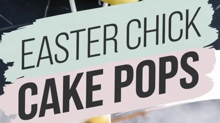Close-up of Easter chick cake pops with expressive faces and orange beaks. The collage highlights the creative decoration with a bite showing the fluffy cake inside, emphasizing the fun and delicious Easter-themed dessert.