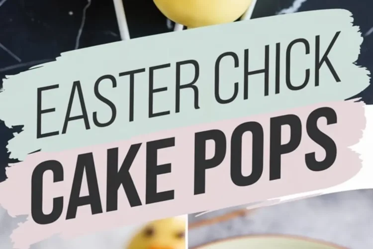 Close-up of Easter chick cake pops with expressive faces and orange beaks. The collage highlights the creative decoration with a bite showing the fluffy cake inside, emphasizing the fun and delicious Easter-themed dessert.