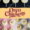 A Pinterest collage of Oreo chick pops with yellow candy coating and cute faces made of chocolate chip eyes and orange candy beaks. The arrangement includes pops on sticks placed on black marble and pink backgrounds. The text “Oreo Chickens” is written in bold, whimsical font on a yellow banner, emphasizing the Easter dessert theme.