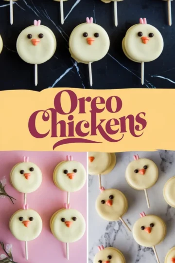 A Pinterest collage of Oreo chick pops with yellow candy coating and cute faces made of chocolate chip eyes and orange candy beaks. The arrangement includes pops on sticks placed on black marble and pink backgrounds. The text “Oreo Chickens” is written in bold, whimsical font on a yellow banner, emphasizing the Easter dessert theme.