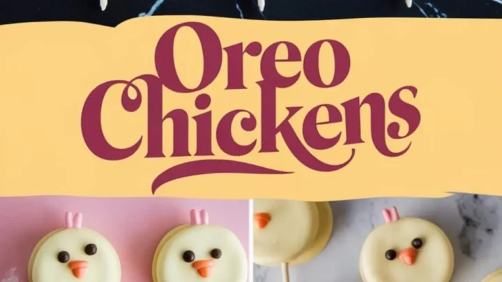 A Pinterest collage of Oreo chick pops with yellow candy coating and cute faces made of chocolate chip eyes and orange candy beaks. The arrangement includes pops on sticks placed on black marble and pink backgrounds. The text “Oreo Chickens” is written in bold, whimsical font on a yellow banner, emphasizing the Easter dessert theme.