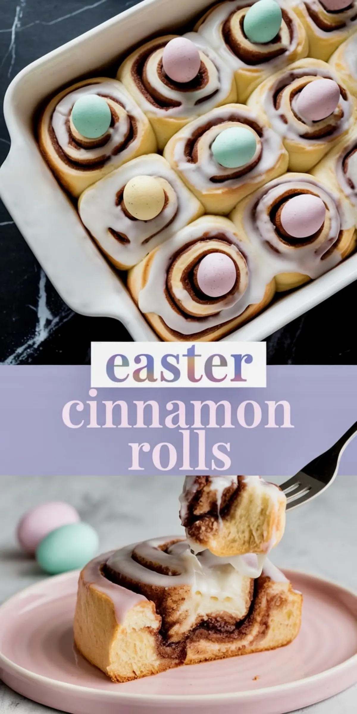 A collage of Easter cinnamon rolls in a white baking dish, each topped with glossy white icing and a pastel-colored candy egg. The bottom image features a single cinnamon roll on a pink plate with a bite taken out, showing its soft texture and rich cinnamon swirl. The text overlay reads “Easter Cinnamon Rolls” in pastel shades.