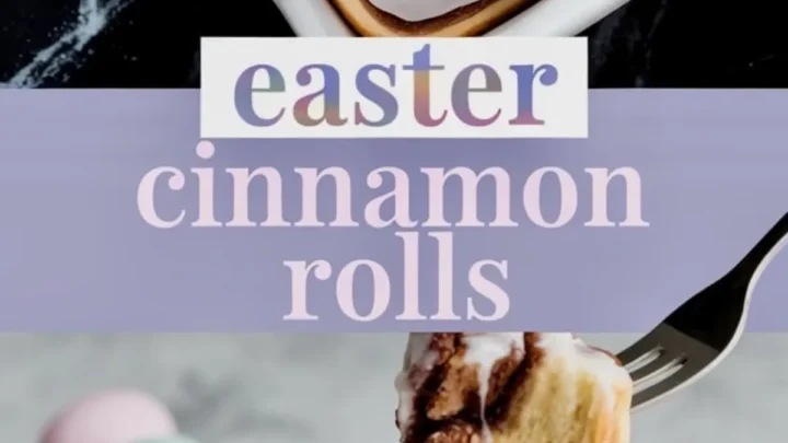 A cropped version of the first collage, featuring a close-up of Easter cinnamon rolls in a baking dish with icing and pastel candy eggs. The bottom image highlights a cinnamon roll on a pink plate with a bite taken out, showcasing its gooey texture. The text overlay reads “Easter Cinnamon Rolls” in a pastel gradient font.