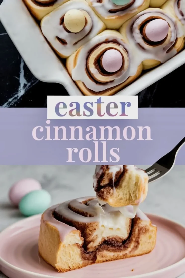 A cropped version of the first collage, featuring a close-up of Easter cinnamon rolls in a baking dish with icing and pastel candy eggs. The bottom image highlights a cinnamon roll on a pink plate with a bite taken out, showcasing its gooey texture. The text overlay reads “Easter Cinnamon Rolls” in a pastel gradient font.