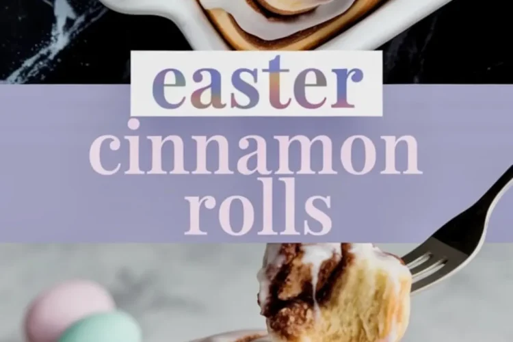 A cropped version of the first collage, featuring a close-up of Easter cinnamon rolls in a baking dish with icing and pastel candy eggs. The bottom image highlights a cinnamon roll on a pink plate with a bite taken out, showcasing its gooey texture. The text overlay reads “Easter Cinnamon Rolls” in a pastel gradient font.