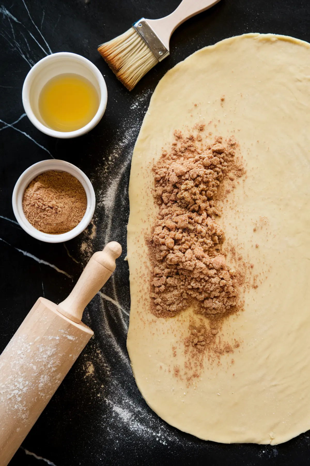A black marble countertop with rolled-out dough sprinkled with cinnamon sugar filling. A wooden rolling pin, a pastry brush, and small bowls of melted butter and cinnamon sugar are placed around the dough, showcasing the preparation process for homemade cinnamon rolls.