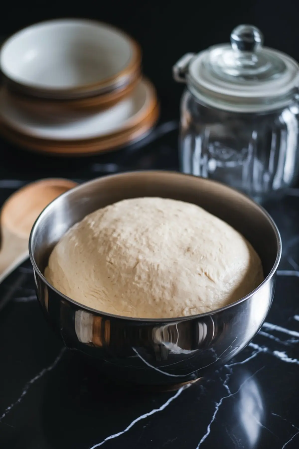 A stainless steel mixing bowl filled with risen cinnamon roll dough on a black marble countertop. The background includes a glass jar, stacked ceramic plates, and a wooden spoon, emphasizing the dough’s airy texture and readiness for shaping.