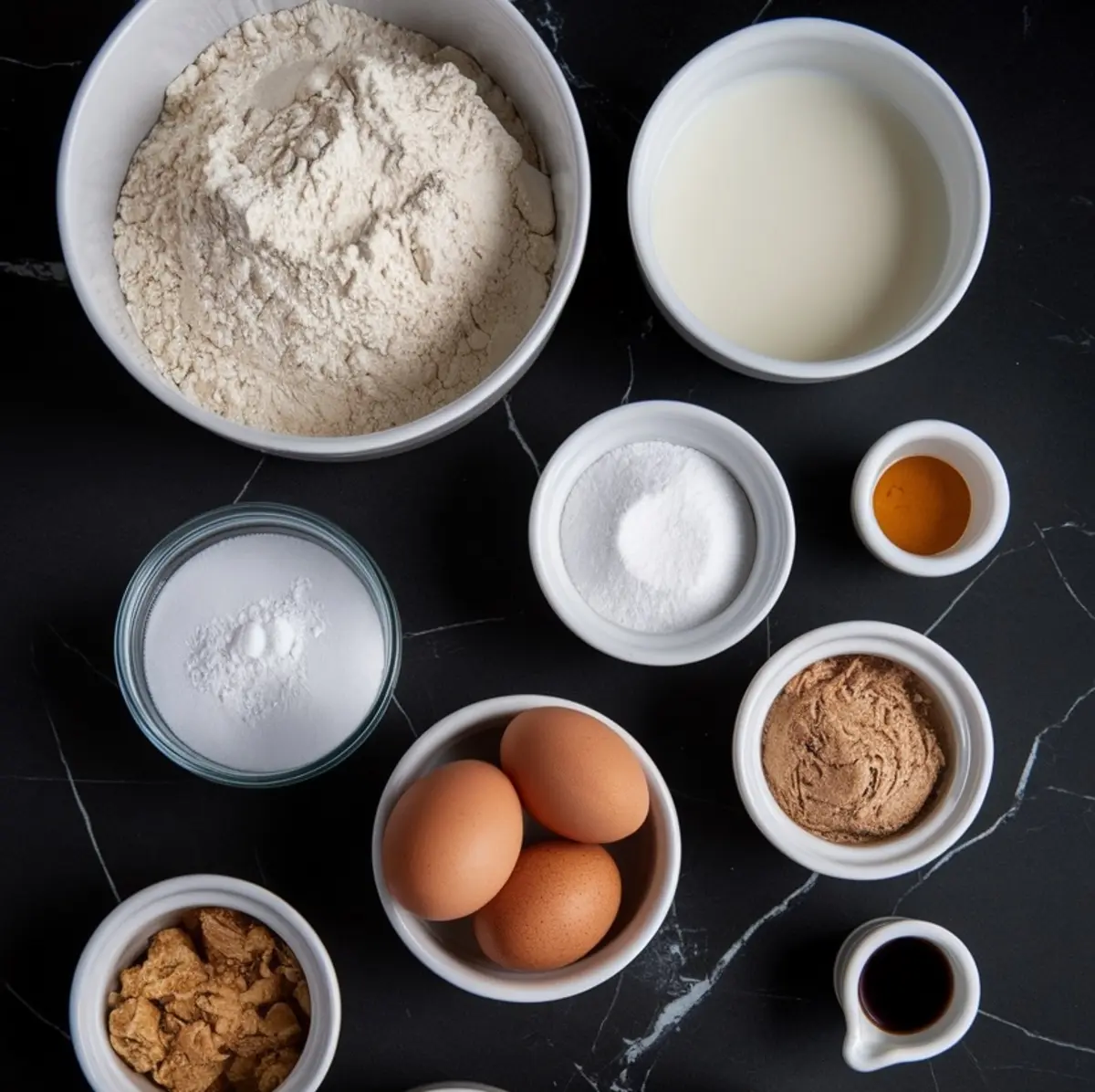 A flat-lay arrangement of baking ingredients in white and glass bowls on a black marble surface. The ingredients include flour, milk, eggs, brown sugar, granulated sugar, salt, vanilla extract, and yeast, highlighting the essentials for making homemade cinnamon rolls.