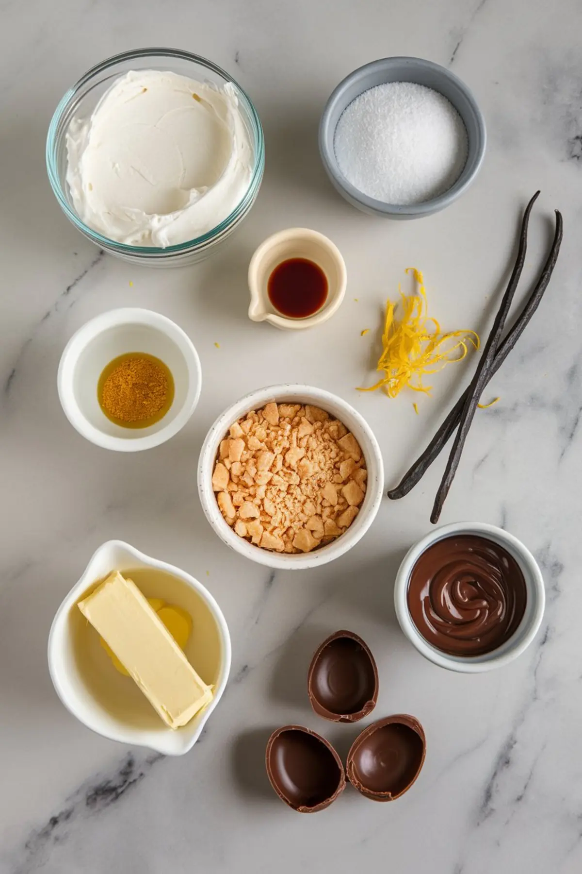 Ingredients for Easter egg cheesecakes arranged on a white marble surface, including cream cheese, sugar, vanilla extract, lemon zest, crushed cookies, melted chocolate, butter, and small chocolate egg shells.