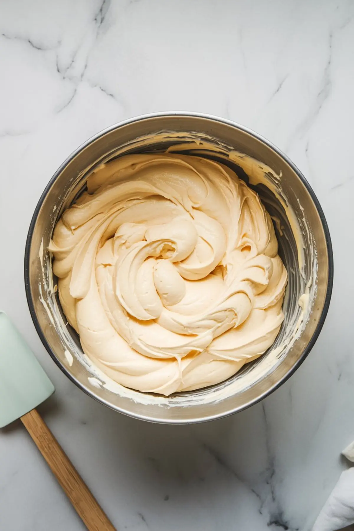 A bowl of freshly mixed cheesecake filling with a smooth, creamy texture, swirled inside a metal mixing bowl on a white marble countertop. A spatula rests beside it.