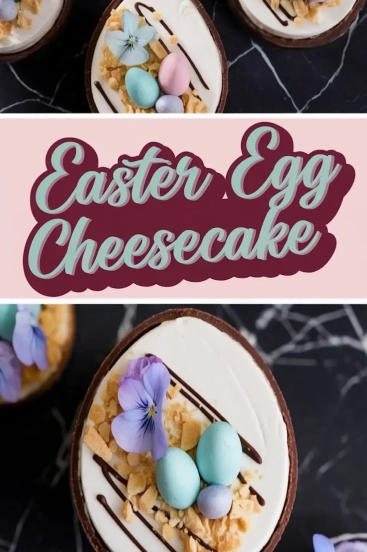 A close-up of an Easter egg cheesecake inside a chocolate shell, filled with smooth white cheesecake, topped with crushed cookie crumbs, pastel-colored mini eggs, edible purple flowers, and a drizzle of chocolate. A pink banner in the middle reads