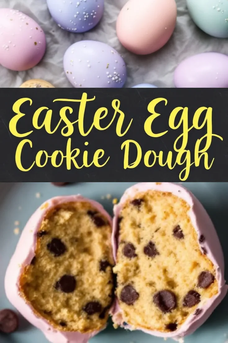Close-up collage of pastel-colored Easter egg cookie dough treats. The top section features whole eggs with white sprinkles, while the bottom showcases a halved egg with a golden cookie dough interior and chocolate chips. The text “Easter Egg Cookie Dough” is prominently displayed in bold, yellow cursive.