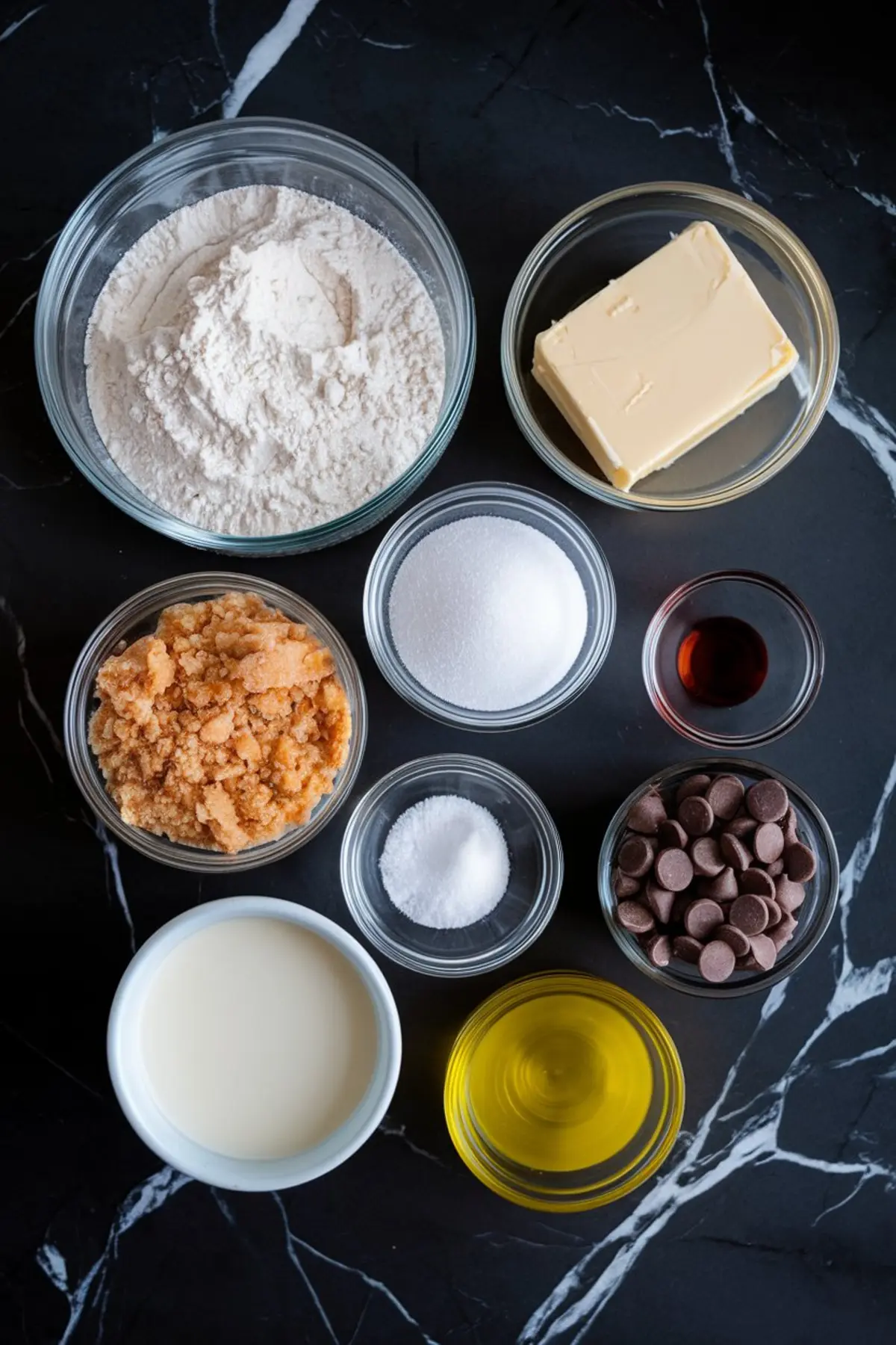 Overhead view of baking ingredients arranged on a black marble countertop. The assortment includes flour, butter, white sugar, brown sugar, vanilla extract, chocolate chips, salt, sweetened condensed milk, and oil, all in clear glass bowls.