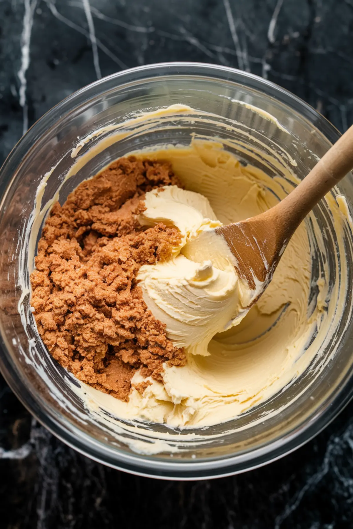 Close-up of a mixing bowl with a wooden spoon stirring together softened butter and brown sugar. The creamy butter blends with the crumbly sugar mixture against a dark, marbled countertop.