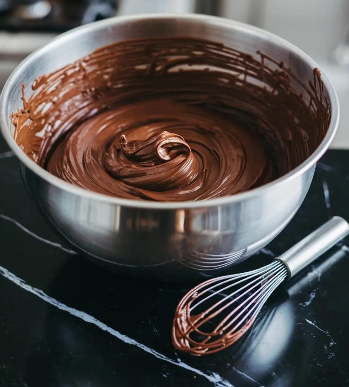 A close-up of a stainless steel mixing bowl filled with glossy melted chocolate. A whisk coated in chocolate rests beside the bowl on a black marble countertop. The thick, velvety chocolate swirls in the bowl, reflecting light.
