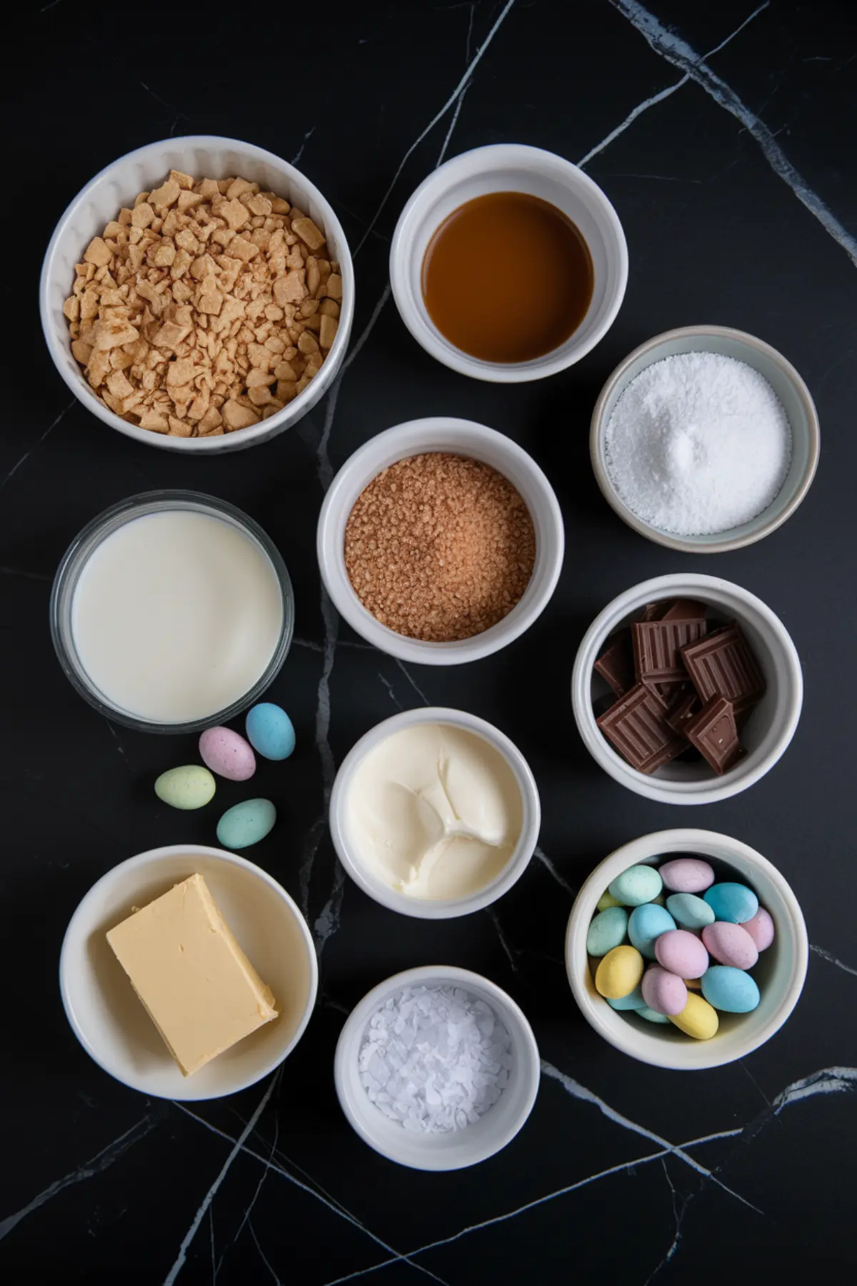 An assortment of baking ingredients in white bowls, including crushed cookies, caramel sauce, sugar, chocolate pieces, cream, butter, frosting, and pastel candy eggs, arranged on a black marble surface.