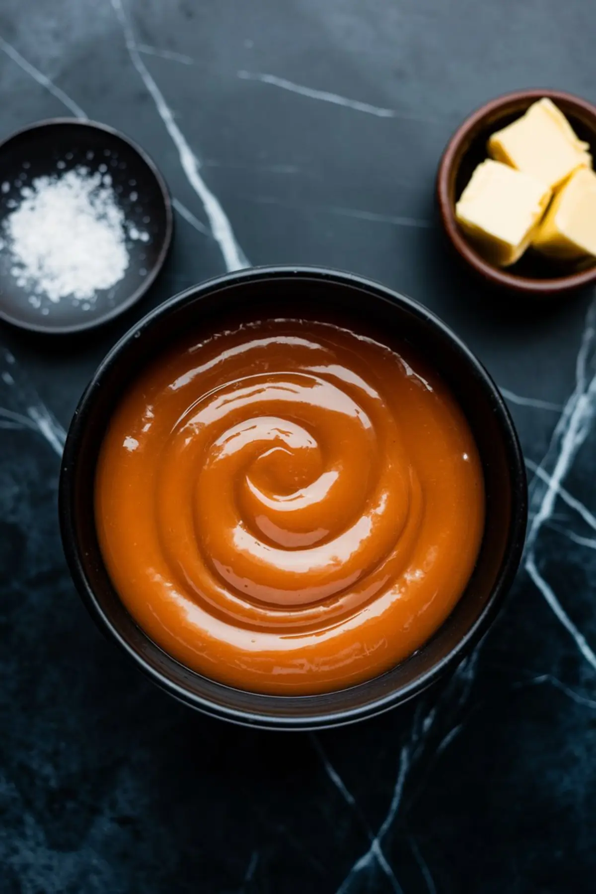 A bowl of smooth, glossy caramel sauce with a swirl pattern, accompanied by small bowls of flaky sea salt and butter cubes on a dark marble background.