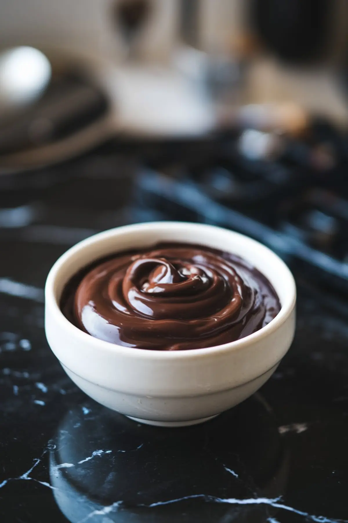 A bowl of rich, velvety chocolate ganache with a shiny swirl pattern, placed on a dark marble countertop, creating a luxurious dessert preparation scene.