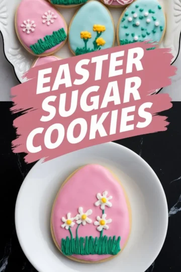 A tray of Easter sugar cookies decorated with floral designs, featuring hand-piped daisies, tiny white blossoms, and yellow flowers with green grass details. A pink egg cookie with three white daisies is placed on a white plate. Bold pink brushstroke text reads “Easter Sugar Cookies.”