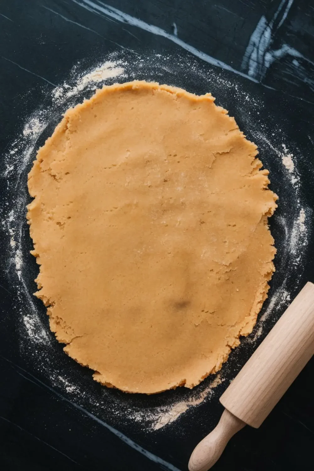 A large sheet of rolled-out sugar cookie dough on a floured black countertop, with a wooden rolling pin resting on the side. The smooth, even dough is ready for cookie cutters.