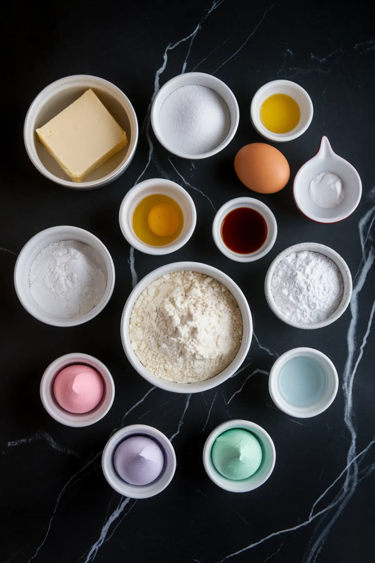 A flat-lay of baking ingredients for sugar cookies, displayed in small white bowls on a black marble countertop. Ingredients include flour, sugar, butter, an egg, vanilla extract, baking powder, and pastel-colored icing.