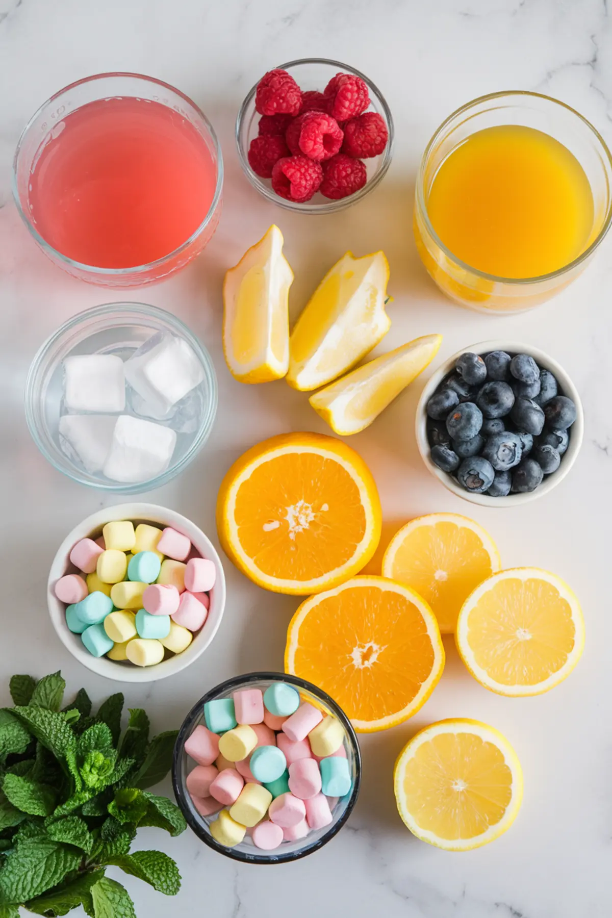 A flat-lay of fresh ingredients for Easter punch, including halved oranges, lemons, bowls of raspberries, blueberries, pastel-colored mini marshmallows, fresh mint, ice cubes, and two glasses of fruit juice. The vibrant colors and organized layout create a visually appealing display of the punch components.