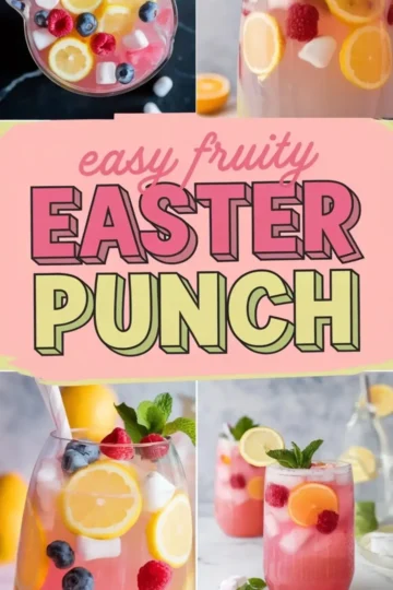 A collage featuring a pastel-colored “Easy Fruity Easter Punch” graphic surrounded by images of pink punch garnished with lemon slices, raspberries, blueberries, mini marshmallows, and fresh mint. The drinks are served in glass pitchers and cups filled with ice, creating a refreshing and festive springtime aesthetic.