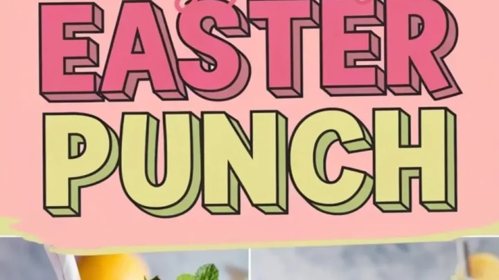 A collage featuring a pastel-colored “Easy Fruity Easter Punch” graphic surrounded by images of pink punch garnished with lemon slices, raspberries, blueberries, mini marshmallows, and fresh mint. The drinks are served in glass pitchers and cups filled with ice, creating a refreshing and festive springtime aesthetic.