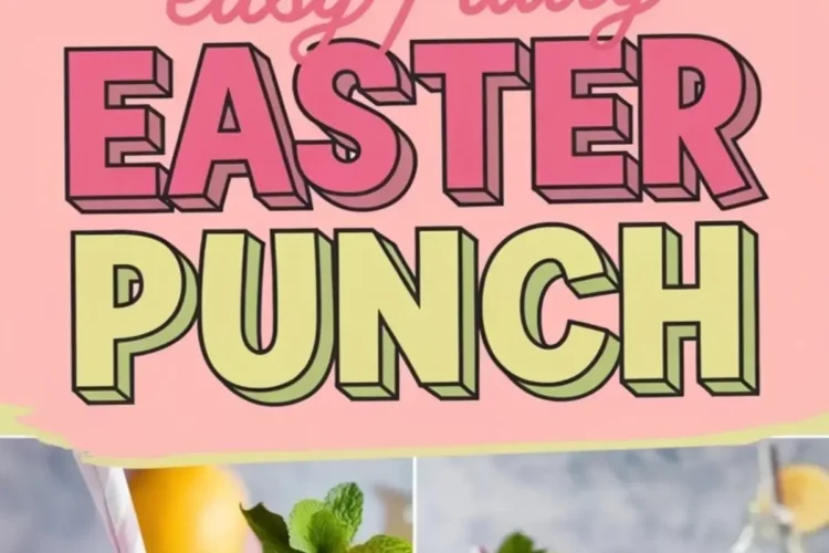 A collage featuring a pastel-colored “Easy Fruity Easter Punch” graphic surrounded by images of pink punch garnished with lemon slices, raspberries, blueberries, mini marshmallows, and fresh mint. The drinks are served in glass pitchers and cups filled with ice, creating a refreshing and festive springtime aesthetic.