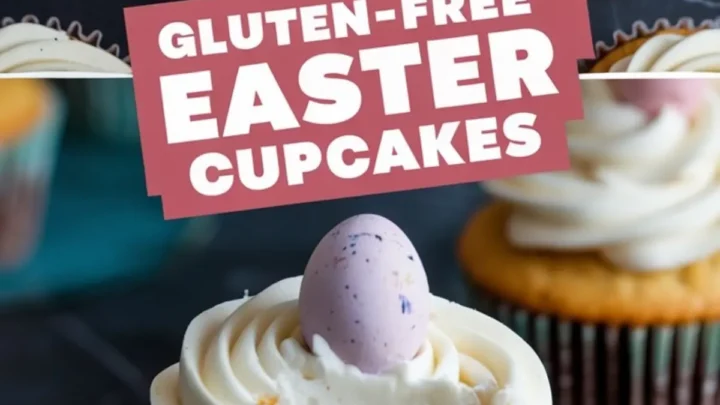 Collage of gluten-free Easter cupcakes. The top section displays cupcakes topped with swirled frosting and pastel candy eggs. The bottom section shows a bitten cupcake on a blue plate, highlighting the soft, tender crumb. Text overlay reads “Gluten-Free Easter Cupcakes” in bold white letters on a pink background.