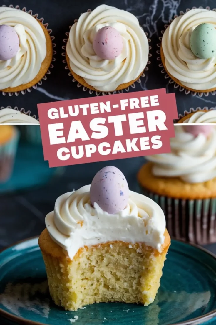 Collage of gluten-free Easter cupcakes. The top section displays cupcakes topped with swirled frosting and pastel candy eggs. The bottom section shows a bitten cupcake on a blue plate, highlighting the soft, tender crumb. Text overlay reads “Gluten-Free Easter Cupcakes” in bold white letters on a pink background.