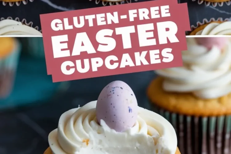 Collage of gluten-free Easter cupcakes. The top section displays cupcakes topped with swirled frosting and pastel candy eggs. The bottom section shows a bitten cupcake on a blue plate, highlighting the soft, tender crumb. Text overlay reads “Gluten-Free Easter Cupcakes” in bold white letters on a pink background.