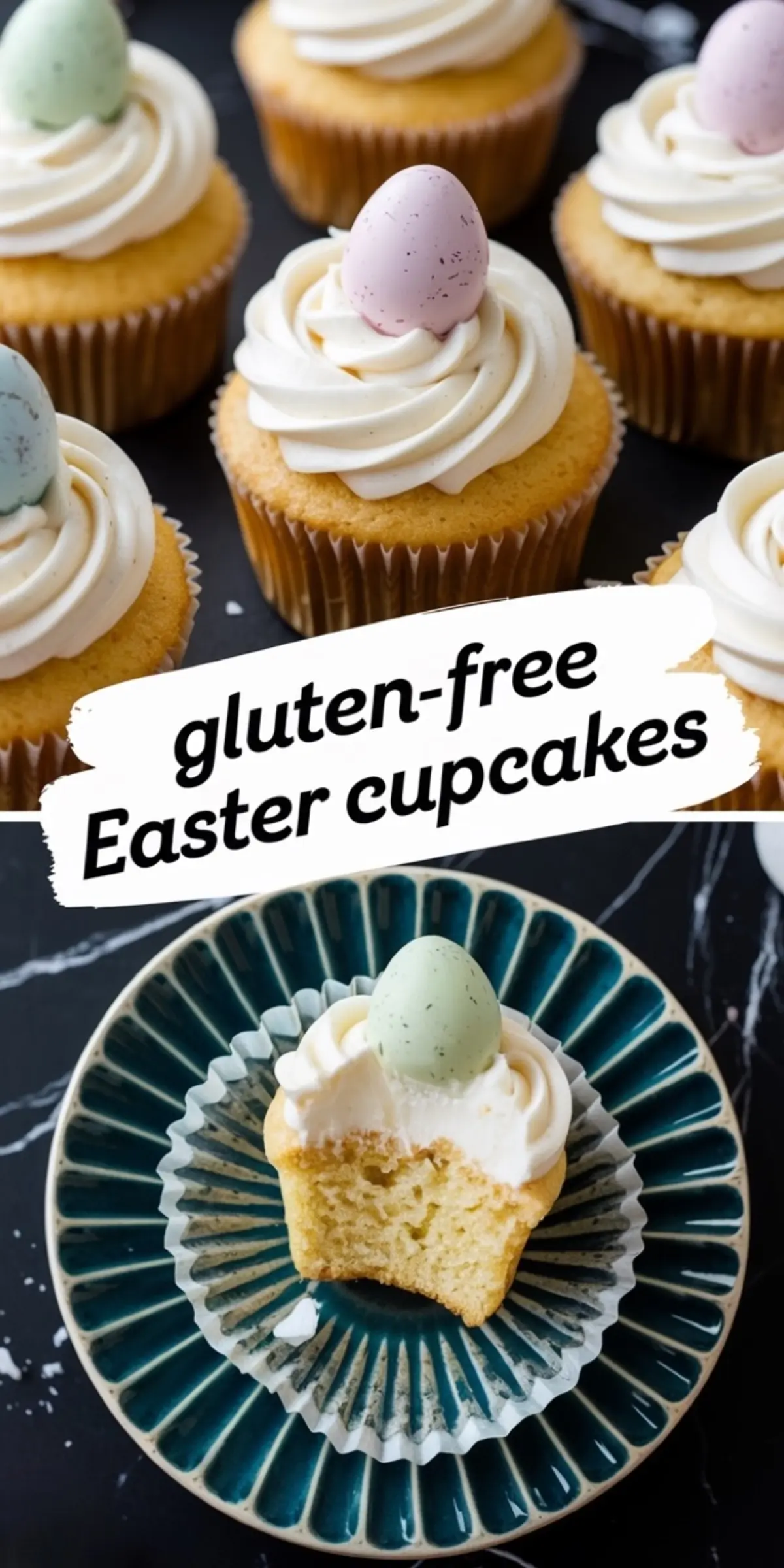 Collage of gluten-free Easter cupcakes. The top view showcases cupcakes decorated with white frosting and speckled candy eggs in pastel shades. The bottom view features a cupcake on a decorative blue plate with a bite taken out, exposing the fluffy crumb. Text overlay reads “Gluten-Free Easter Cupcakes” in playful script.