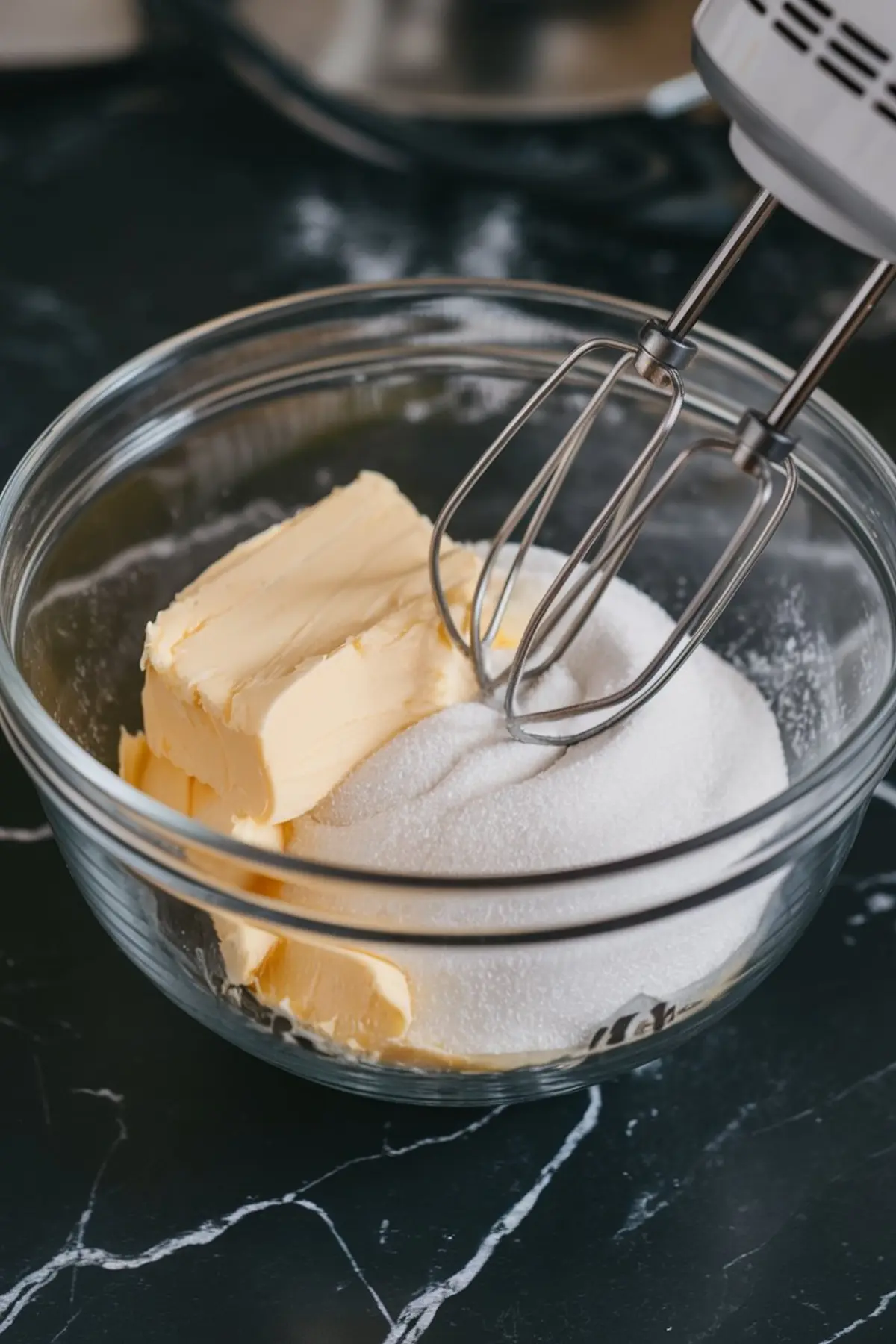  Mixing butter and sugar for gluten-free cupcakes in a glass bowl. An electric mixer with metal beaters is positioned above the bowl, ready to cream the ingredients. The butter is softened, and the sugar is piled alongside it on a dark marble countertop.